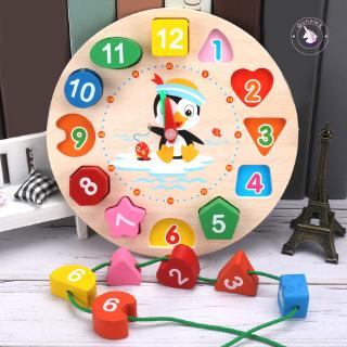 Digital Clock Geometry Blocks Wooden Cartoon Penguin Teaching Time Number Toy for Kids