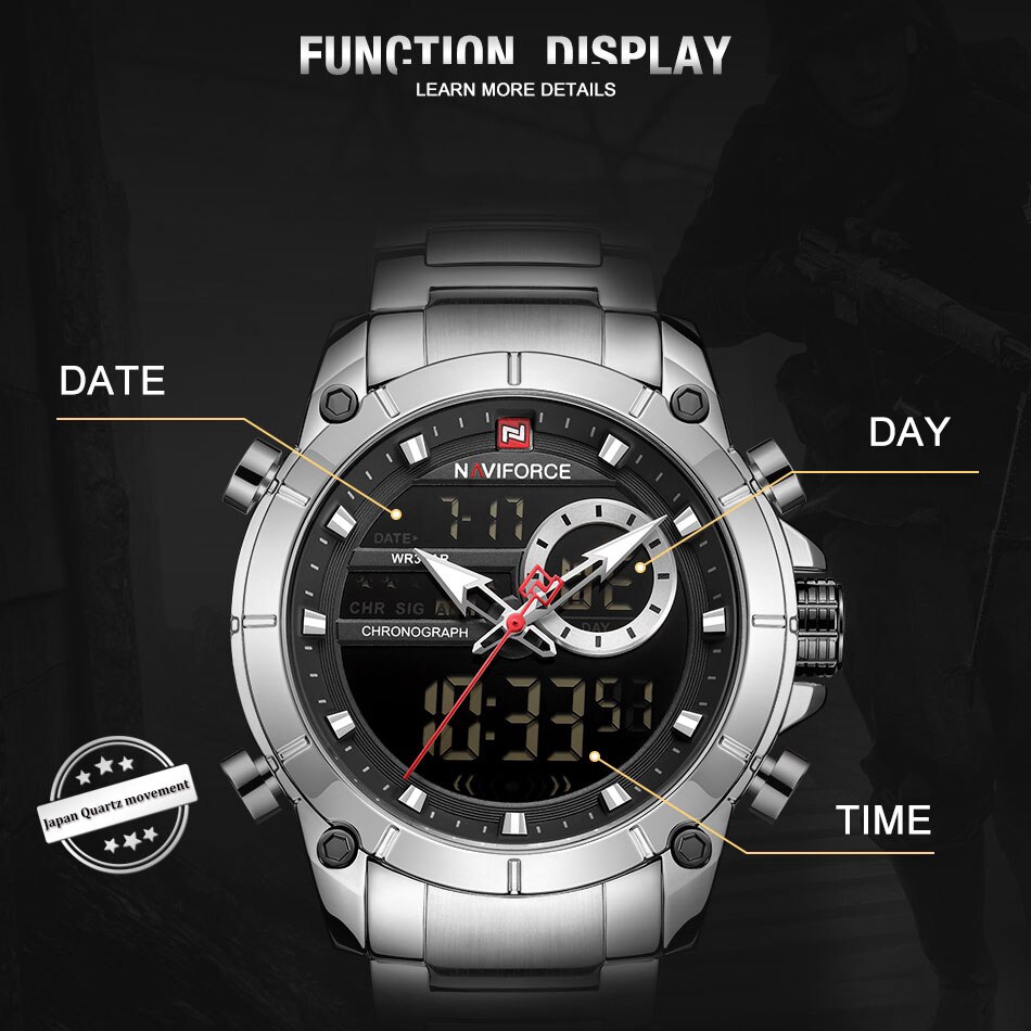 ภาพสินค้าNaviforce นาฬิกาทหาร กองทัพบก ควอตซ์ สองเวลา อะนาล็อก + ดิจิตอล LED สแตนเลส สีเงิน จากร้าน sztuobai.th บน Shopee ภาพที่ 4
