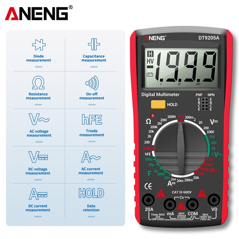 dt9205a-รุ่นใหม่-มัลติมิเตอร์-เครื่องวัดแรงดันไฟ-วัดกระแสไฟ-วัดค่าความต้านทาน-วัดทรานซิสเตอร์-ดิจิตอลมัลติมิเตอร์