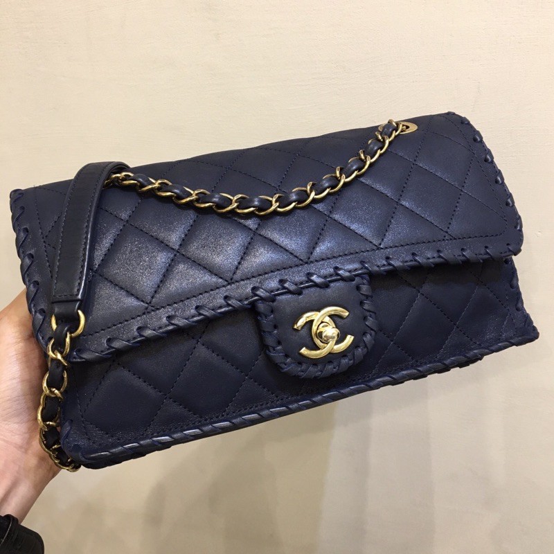 Good cond. Chanel Happy Stitch Flap bag10” Holo20 Midnight Blue
