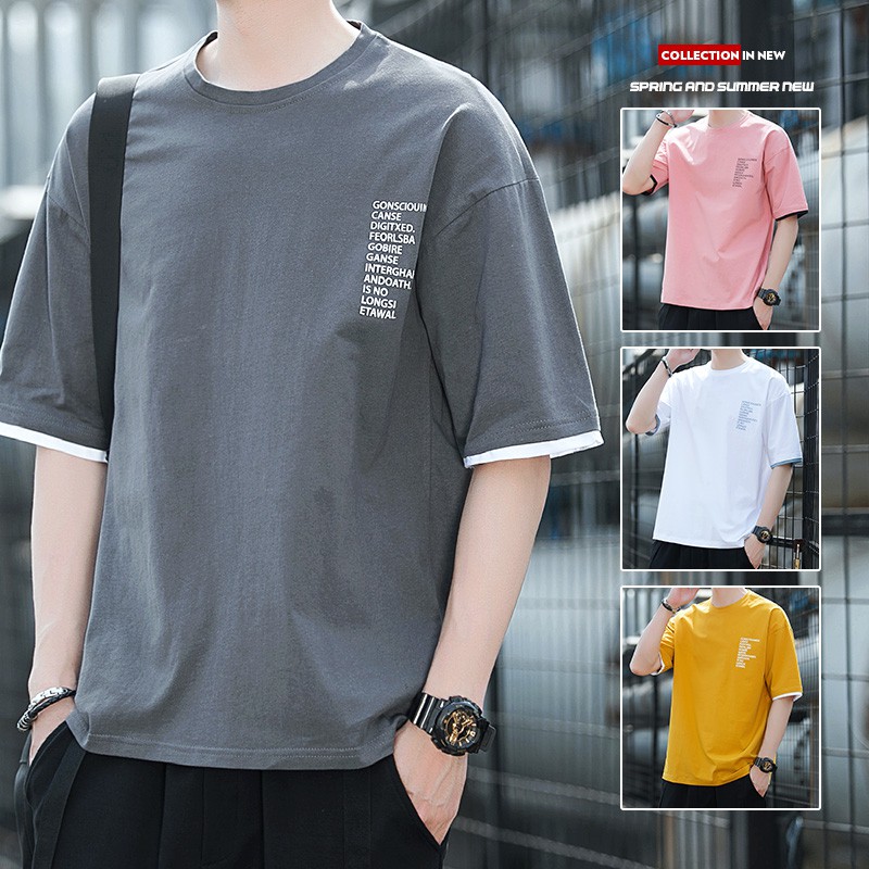 ฤดูร้อนแขนสั้นtเสื้อผู้ชายผ้าฝ้ายคอกลมหลวมครึ่งแขนนักเรียนพอร์ตลมinsเสื้อแขนห้าจุด