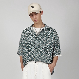 เสื้อเชิ้ตผู้ชาย▫✐ஐUNCHOO LAB Summer Japanese Retro Trendy Printed Cuban Collar Short Sleeve Shirt Loose Half Sleeve Shi