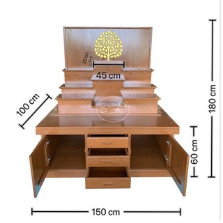 โต๊ะหมู่บูชาโมเดิร์นขนาดลึก100ซม.ยาว150ซม. สูง180ซม วางพระลึก22 ซม. ยาว45 ซม.ฉากหลังใบโพธิ์ สีสัก2.6)