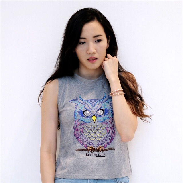 เสื้อครอป-crop-top-แขนกุด-ปักลายนกฮูก-ผ้านิ่ม-cotton-100