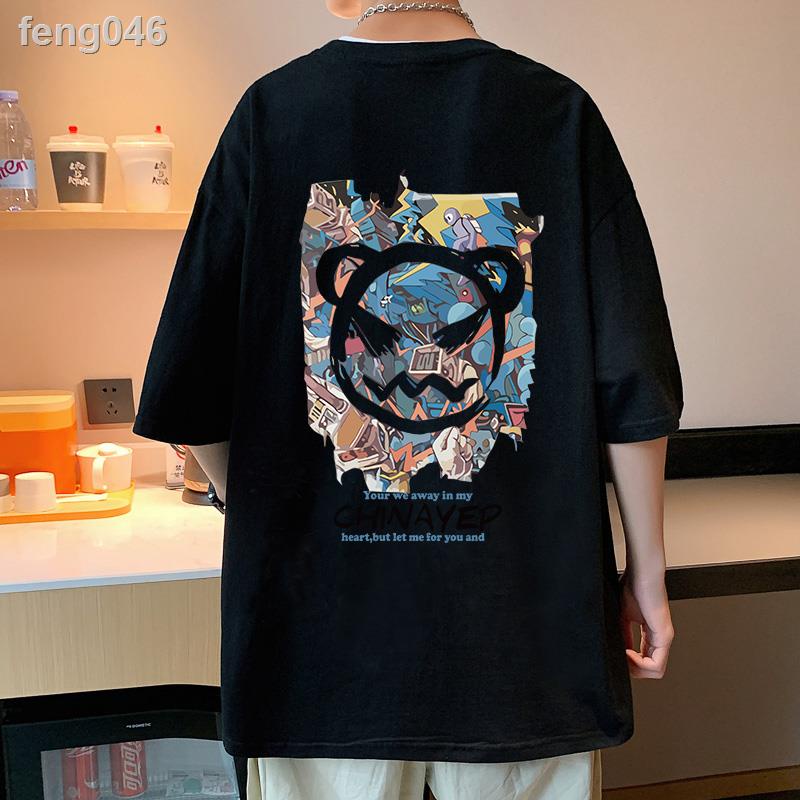 feng046เสื้อยืดแขนสั้นผู้ชายฤดูร้อนผู้ชาย-2022-ใหม่หลวมครึ่งแขนเสื้อผ้าฝ้ายพิมพ์การ์ตูนเสื้อยืด