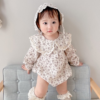 Newborn Girl Cotton Floral Doll Lace Collar Long Sleeve Princess Romper + Hat Suit Baby Clothes Set 0-2 Years Old
