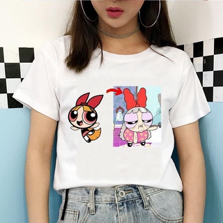 ❏♝☫Powerpuff Girls Woman T-Shirt Cartoon Anime Powerpuff Girls Woman White T-Shirtเสื้อยืด