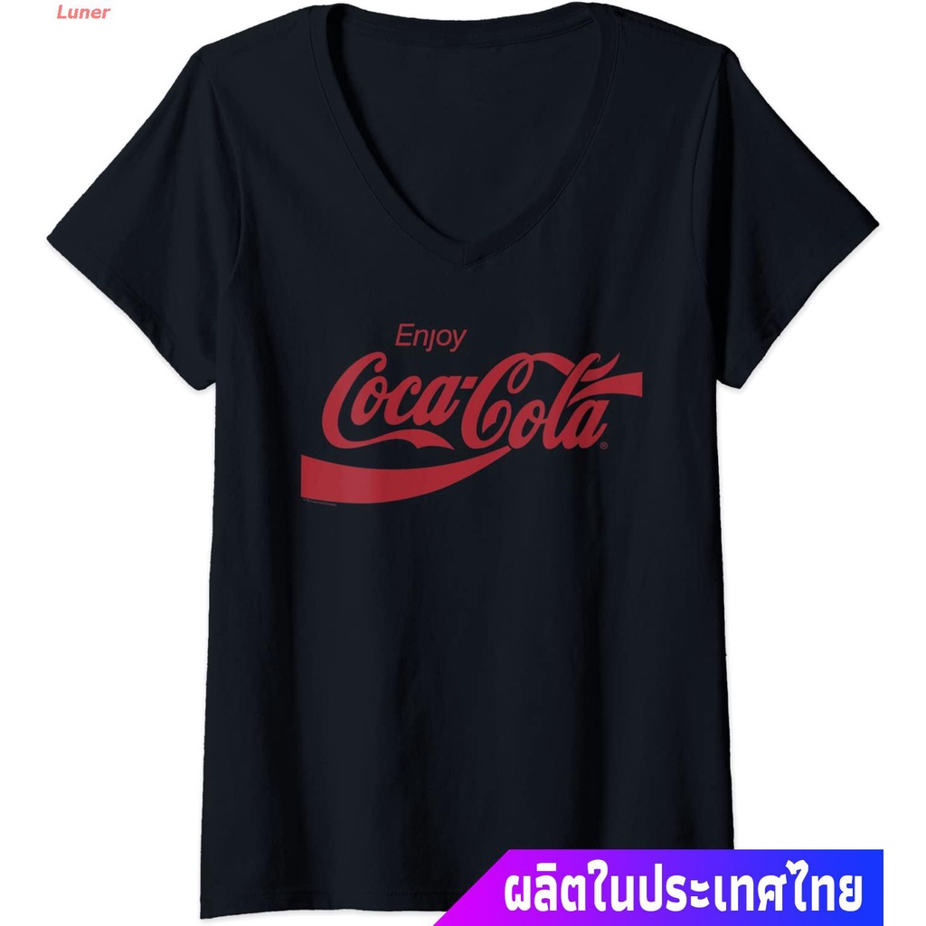 เสื้อยืดโอเวอร์ไซส์-เสื้อยืดลำลอง-womens-coca-cola-enjoy-v-neck-t-shirt-short-sleeve-t-shirtss-4xl
