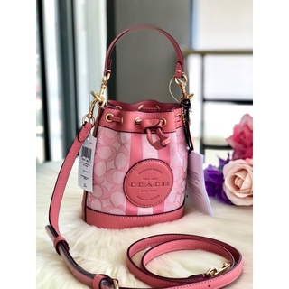 (ผ่อน0%) กระเป๋าสะพายข้าง ทรงบัคเกต COACH MINI DEMPSEY BUCKET BAG IN SIGNATURE JACQUARD C8322 ลายซี สีชมพู TAFFY