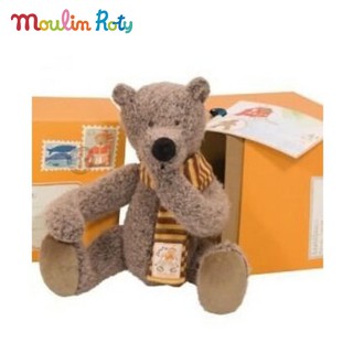 Moulin Roty ตุ๊กตาหมีน้ำตาล + ผ้าพันคอ พร้อมกล่องของขวัญ สไตล์วินเทจ MR-720031