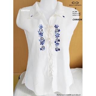 BOLLI IMPORTS เสื้อลำลอง เที่ยว แขนกุด -สีขาวปักดอก ไซส์ L 38"แบรนด์ CANADA(มือ1  ไม่ผ่านการใช้งาน)