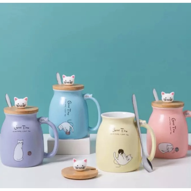 แก้วกาแฟ-แก้วกาแฟเซรามิค-ลายแมว-น่ารัก-ราคาถูก-ใช้ใส่เครื่องดื่มได้ทั้งร้อนและเย็น-มีหูจับ-มีฝาปิดไม้และช้อนสแตนเลส