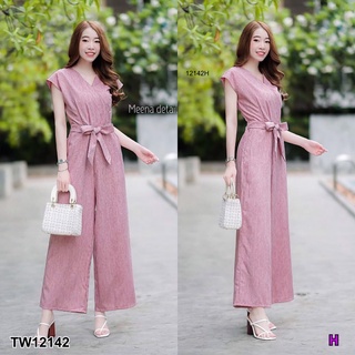 TW12142 Jumpsuit จั้มสูทแขนกุด ขายาวผ้าสลาฟ ขากระบอกกว้าง เอวมีสายผูกเอว มีซิปหลัง