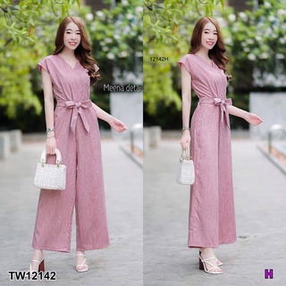 TW12142 Jumpsuit จั้มสูทแขนกุด ขายาวผ้าสลาฟ ขากระบอกกว้าง เอวมีสายผูกเอว มีซิปหลัง