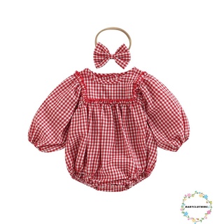 Babyclothes- ชุดจั๊มสูทรอมเปอร์ แขนยาว คอกลม ลายสก๊อต พร้อมที่คาดผม สําหรับเด็กทารกผู้หญิง