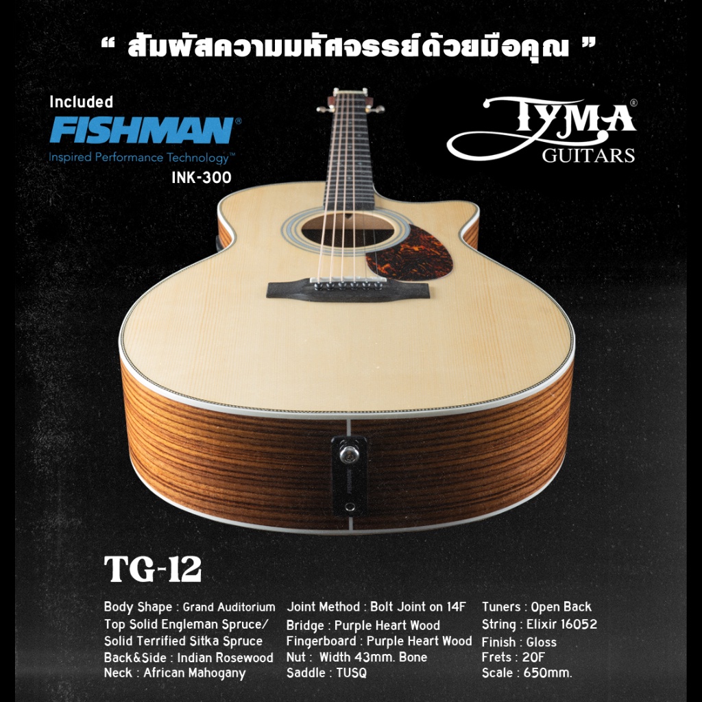 tyma-tf-12-td-12-tg-12e-กีต้าร์โปร่ง-tyma-กีต้า-หน้าไม้แท้-top-solid-back-side-indian-rosewood-tf12-td12-tg12