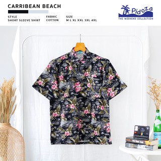 [ใหม่] เสื้อเชิ้ตแขนสั้น ลาย Carribean Beach 🏝 ผ้าคอตตอน สี Night Ocean / Summer Blue ไซส์ M - 4XL