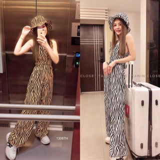 TW13087Jumpsuit จั้มสูทขายาว สายคล้องคอ ผ้าวูลพีชลายม้าลาย + หมวก Bucket ลายเข้าชุด พร้อมส่ง