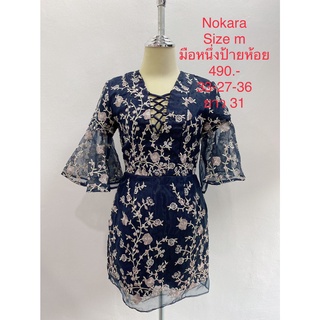 เดรสสั้น สีกรมผ้าชีฟอง ปักลายดอก มือหนึ่งป้ายห้อย NOKARA SIZE M