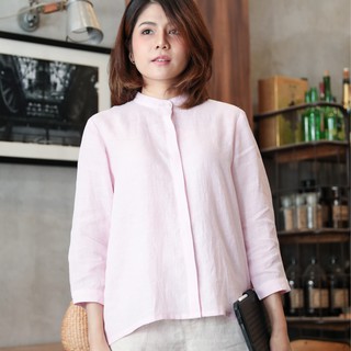 CANDITH - เสื้อเชิ๊ตลินินธรรมชาติแขนสี่ส่วน - สี Powder Pink