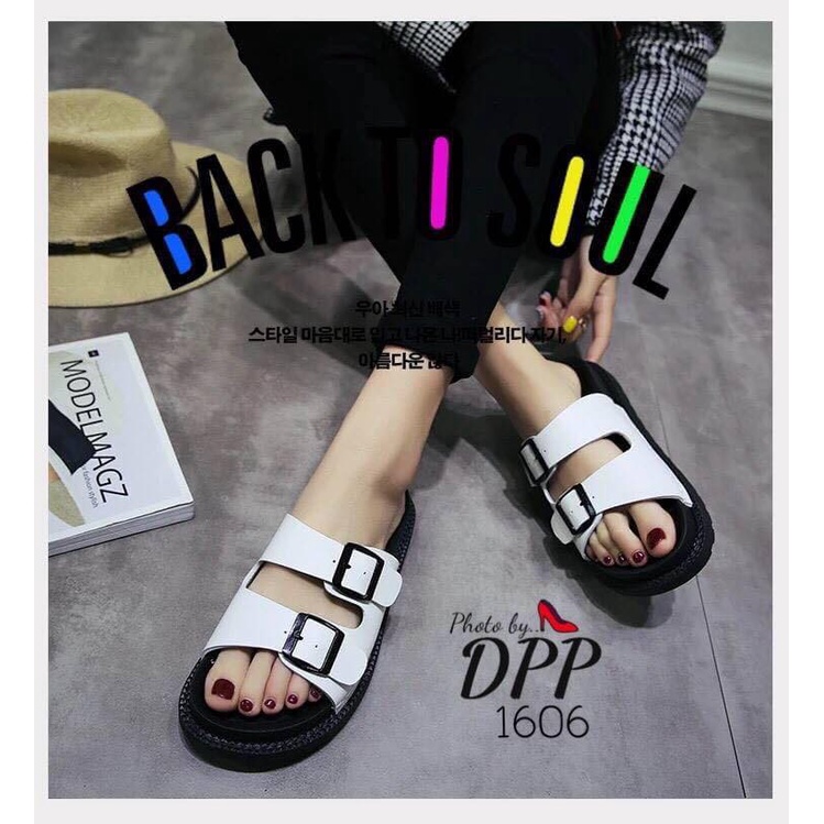 1606-รองเท้าสไตล์เกาหลี-ทรงสวม-แต่งเข็มขัด-ตัวหนังนิ่ม