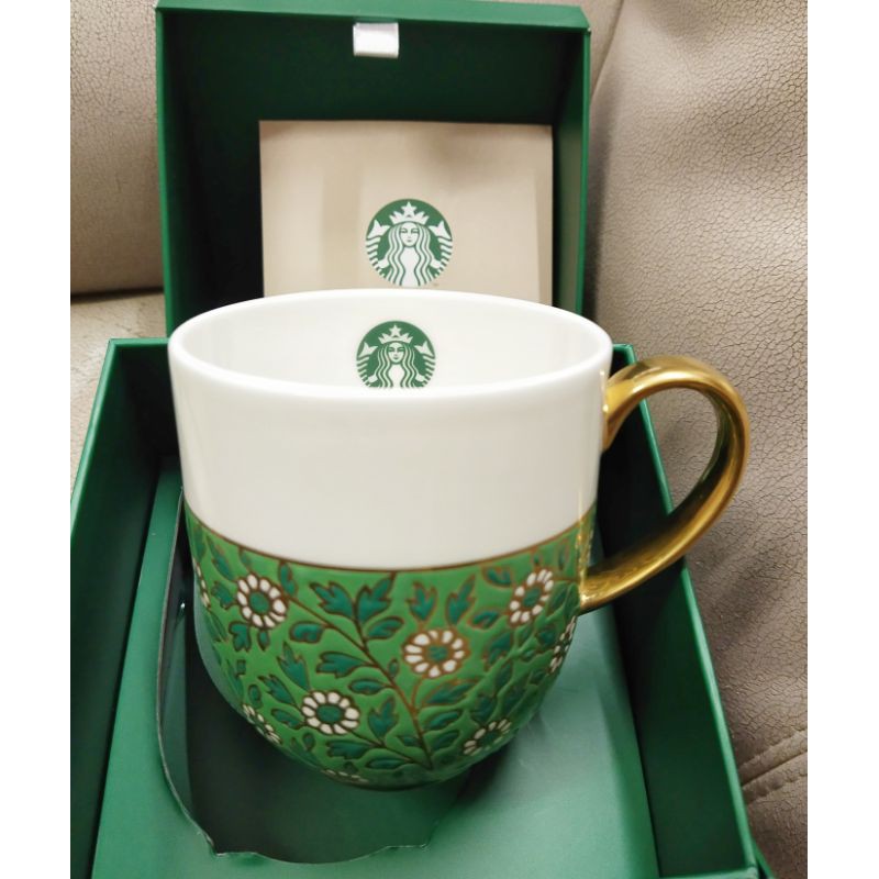 starbucks-ถ้วยเบญจรงค์สีเขียวขอบทอง-ของแท้