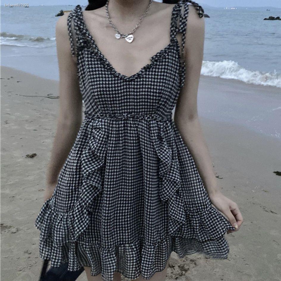 french-houndstooth-suspender-dress-ผู้หญิงฤดูร้อนปี-2022-ใหม่กระโปรงเอวสูงทรงสลิมลำลองกระโปรงทรงเอ