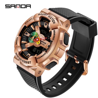 Sanda แบรนด์ยอดนิยม นาฬิกาแฟชั่น หรูหรา ผู้ชาย นาฬิกากันน้ํา โครโนกราฟ นาฬิกาข้อมือผู้ชาย จอแสดงผลคู่ นาฬิกาอิเล็กทรอนิกส์