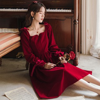 🔥Hot Sale / Retro สีแดงชุดสตรีฤดูใบไม้ร่วงและฤดูหนาว ใหม่กำมะหยี่ฝรั่งเศสด้านในสวมกระโปรงฤดูหนาวคอสี่เหลี่ยมด้านล่