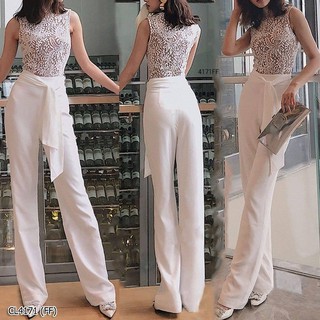 🧥H4171-WHITE Jumpsuit  จั้มมสูทขายาว คอปีนแต่งด้วยผ้าลูกไม้ แขนกุด ช่วงบนตัดเย็บด้วยผ้าลูกไม้ ตัดต่อด้วยงานผ้าซาร่า