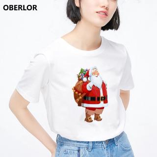 Christmas Happy Series T-Shirt Christmas Theme With Santa And Reindeer T Shirt Women And Men T Shirtเสื้อยืดผู้หญิง
