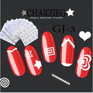 CHARZIEG สติ๊กเกอร์เฟรนช์ปลายเล็บ คั่นลายเล็บ สติ๊กเกอร์เฟร้นช์เล็บ（1 แพ็คมี 12 แผ่น）