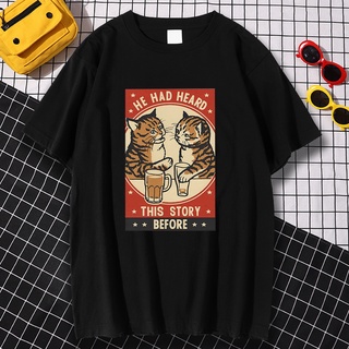 ROUNDคอลูกเรือNeckเสื้อยืดลําลอง พิมพ์ลาย Cat Drinking Beer The Story Heard สไตล์เรโทร แฟชั่นสําหรับผู้ชาย-4XL