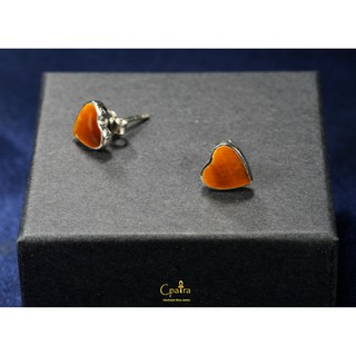 925 Sterling Silver Earring Heart Tiger eye ทรงหัวใจ เคลือบทองคำขาว 8 mm.