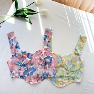 พร้อมส่ง Floral Print Crop Top เสื้อสายกล้ามครอป ลายดอกไม้ สีชมพู สีเขียว ใส่ไปทะเล ใส่ไปคาเฟ่