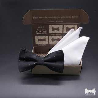 เซ็ทโบว์ไทดำลายจุดเงิน+ ผ้าเช็ดหน้าสูทวูลขาว-Black with Silver Dot Bowtie+ White Wool Pocket square set