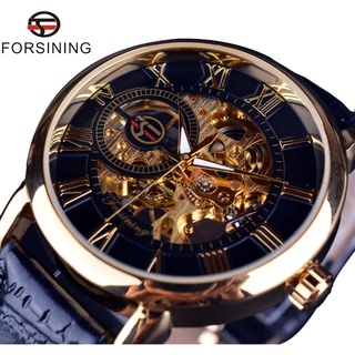 Forsining 3d Logo Design Hollow Engraving Black Gold Case Leather Mechanical Skeleton Watches Men Luxury Brand Heren Hor