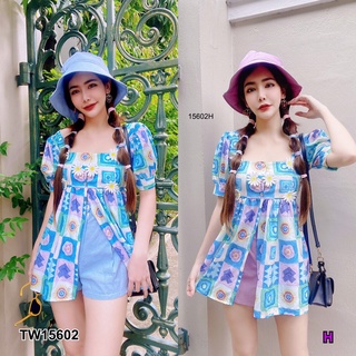 TW15602 Set 3 ชิ้น เสื้อแขนตุ๊กตาผ่าหน้า พิมลายกราฟฟิก + กางเกงขาสั้นผ้าทอ มาพร้อมหมวกบัคเก็ต