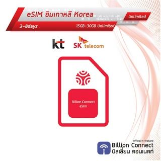 eSIM Korea Sim Card 15-30GB Unlimited SKT/ KT : ซิมเกาหลี เน็ตไม่อั้น 3-8วัน ซิมต่างประเทศ Billion Connect