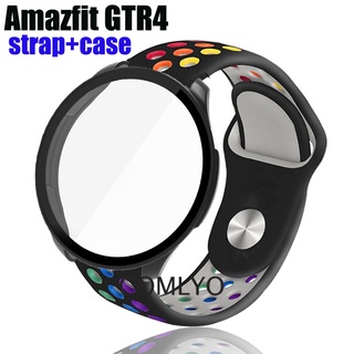 สําหรับ Amazfit GTR 4 เคส PC + กระจกนิรภัยกันรอยหน้าจอ เคสกันกระแทก GTR4 สายรัดข้อมือ สายรุ้ง ซิลิโคนนุ่ม เข็มขัด