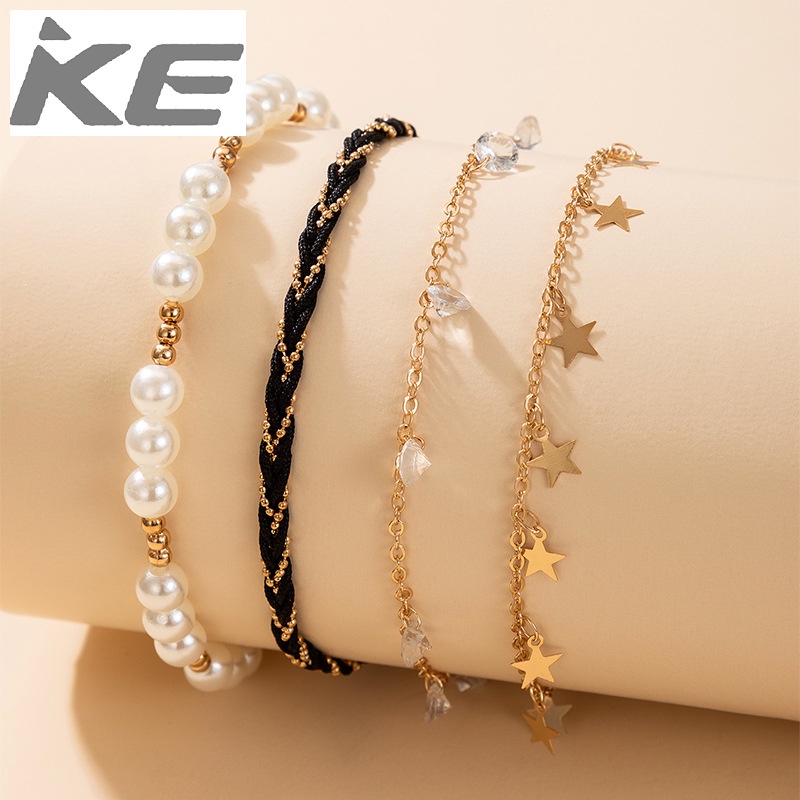 jewelry-pearl-beaded-four-anklet-woven-star-round-anklet-set-for-girls-for-women-low-price