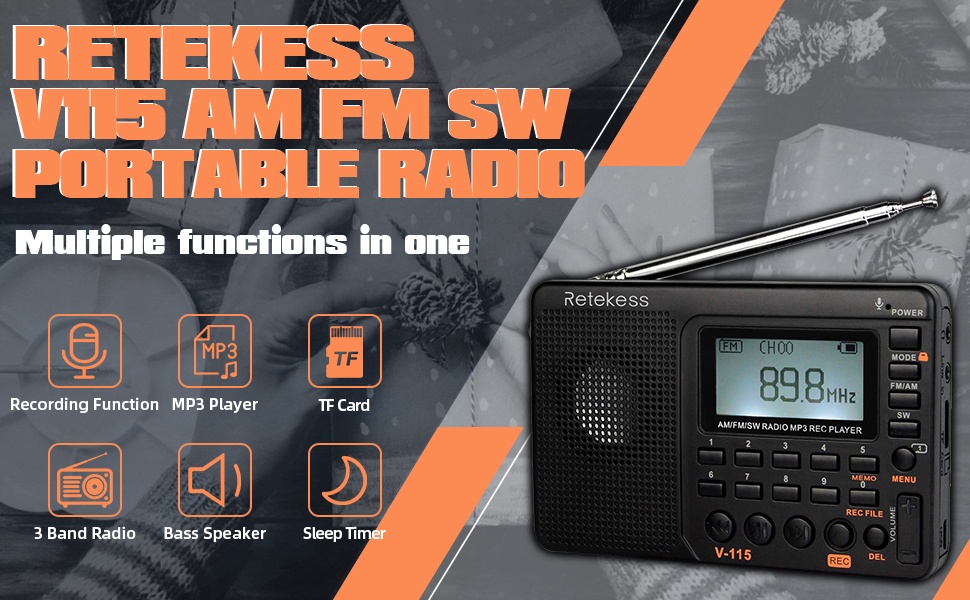 มุมมองเพิ่มเติมของสินค้า Retekess V115 วิทยุ แบบพกพา AM FM พร้อมวิทยุคลื่นสั้น เครื่องเล่น MP3 รองรับ Micro SD TF การ์ด ตั้งเวลาปิดได้