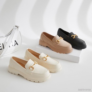 ขายร้อน😊Retro Small Gold Buckle Round Toe Slip On Thick Sole Loafers Small Leather Shoes Women s Shoes