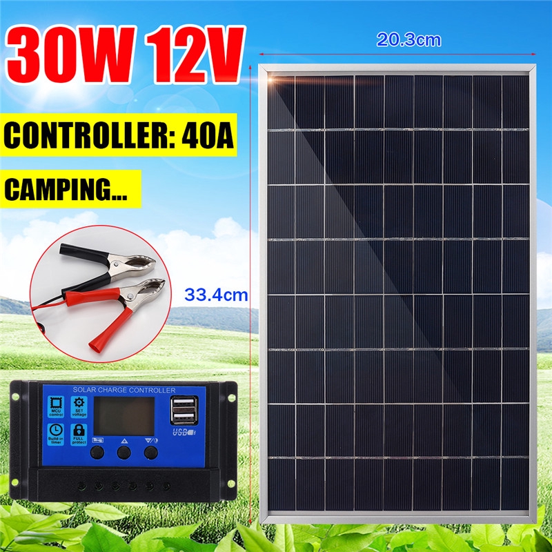 ภาพหน้าปกสินค้า30W แผงโซลาร์เซลล์ 40A เครื่องชาร์จแบตเตอรี่สำหรับรถ RV เรือ Family Camping