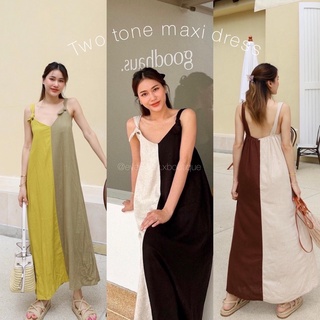 two tone maxi dress 🍋🤎🖤ชุดเดรสลินินสายผูกไหล่ แต่งผ้าเป็นสีทูโทน มีซับใน ด้านหลังมียางยืดและซิปหลัง ทรงตรง