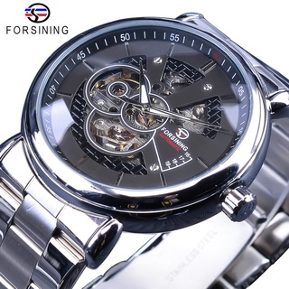Forsining Steampunk Black Silver Mechanical Watches for Men Silver Stainless Steel Luminous Hands Design Sport Clock Mal