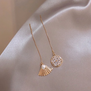 925 silver needle ear thread female zircon flower plate light luxury earrings asymmetric Chinese fan-shaped pearl earrin