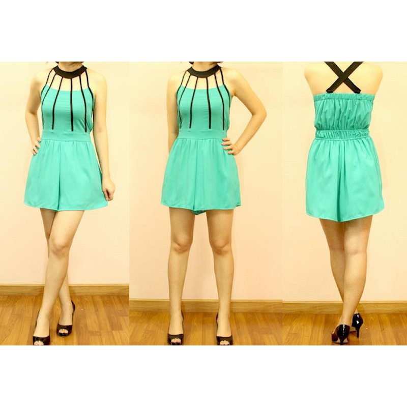 jumpsuit-จั๊มสูท-ขาสั้น-สีเขียว-อกซี่-สายสีดำตัด