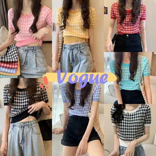 สินค้า Vogue🌟พร้อมส่ง🌟เสื้อไหมพรมคอกลมแขนสั้น จั้มเอวลายตารางน่ารักน่ารัก (5549-2) -N