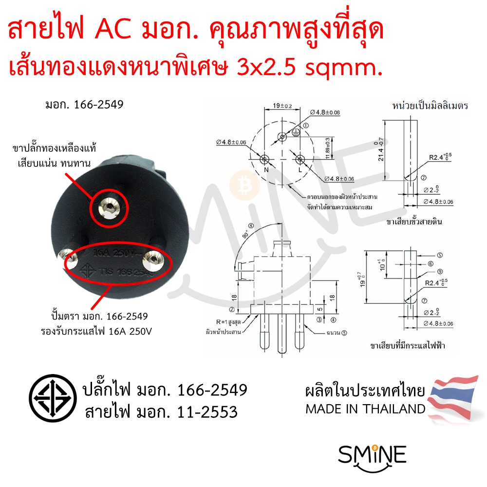 ภาพหน้าปกสินค้าสายไฟ AC POWER มอก. คุณภาพสูง หนาพิเศษ 3x2.5 mm จากร้าน smine.shop บน Shopee